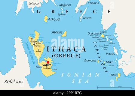 Ithaca, unité régionale, carte politique. Partie des îles Ioniennes en Grèce, avec la capitale Vathy. Ithaca, Arkoudi, Atokos et les îles Echinades. Banque D'Images