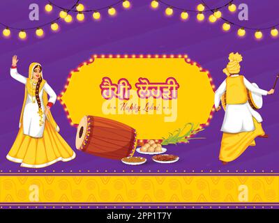 Happy Lohri Celebration contexte avec une femme punjabi faisant Bhangra, homme jouant Dhol (tambour) et éléments alimentaires. Illustration de Vecteur