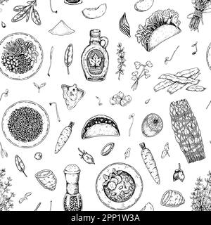 Motif sans coutures pour les aliments. Illustration vectorielle dans le style d'esquisse. Décor et menu de restaurant vintage Illustration de Vecteur