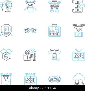 Jeu d'icônes linéaires du chariot électronique. Mobilité, efficacité, portabilité, sécurité, commodité, Innovation, vecteur de la ligne de technologie et signes conceptuels Illustration de Vecteur