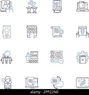 Collection d'icônes de ligne de diffusion d'actualités. Journalisme, titres, Reporters, ancrage, Breaking, Illustration en temps réel, vecteur en cours et linéaire. Diffusion Illustration de Vecteur