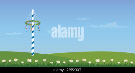 maypole avec rubans colorés sur prairie verte Illustration de Vecteur