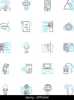 Ensemble d'icônes linéaires de financement numérique. Financement participatif, crypto-monnaie, blockchain, fintech, peer-to-peer, Paiements mobiles, vecteur de ligne de devise virtuelle et Illustration de Vecteur