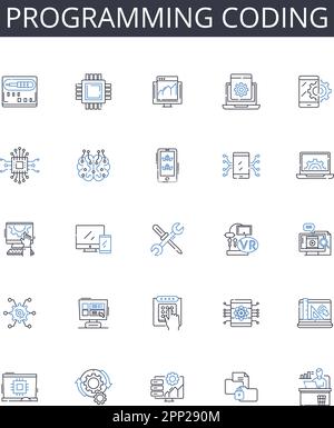 Programmation de la collection d'icônes de ligne de codage. Composition d'écriture, articulation orale, cuisine culinaire, consommation, conduite automobile, Natation Illustration de Vecteur