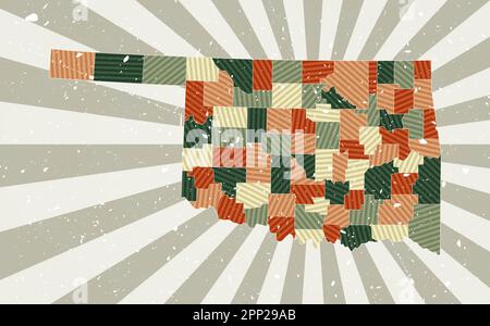 Carte d'époque de l'Oklahoma. Affiche grunge avec carte de l'état US dans la palette de couleurs rétro. Forme de l'Oklahoma avec arrière-plan rayons de soleil. Vecteur illustrat Illustration de Vecteur