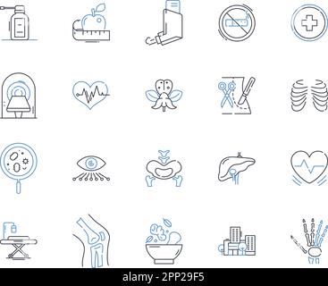 Collection d'icônes de ligne centrale de diagnostic. Diagnostic, tests, dépistage, Santé, Laboratoire, Imagerie, vecteur d'analyse et illustration linéaire. Médecine Illustration de Vecteur