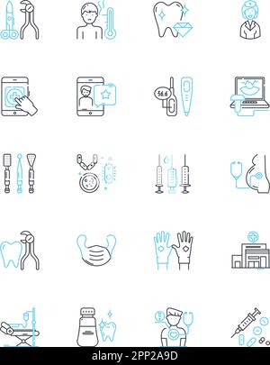 Jeu d'icônes linéaires de traitement endodontique. Canal, racine, pulpe, mal de dents, infection, Abcès, vecteur de la ligne nerveuse et signes de concept. Remplissage,extraction Illustration de Vecteur