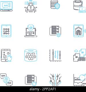 Ensemble d'icônes linéaires de détection de programmes malveillants. Virus, cheval de Troie, Spyware, Malware, Ransomware, Adware, vecteur de ligne de botnet et signes de concept. Ver,Rootkit,Keylogger Illustration de Vecteur