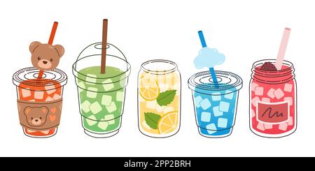 Ensemble de boissons froides. Boissons délicieuses dans des tasses en verre ou en plastique avec paille, Graphic Design Collection, Cartoon Vector Illustration de Vecteur