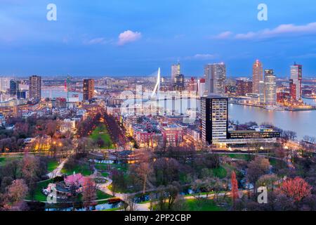 Rotterdam, pays-Bas, vue sur la ville au crépuscule, au-dessus de la rivière Nieuwe Maas. Banque D'Images