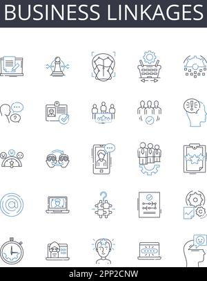 Collection d'icônes de ligne Business Linkages. Relations commerciales, affiliations d'entreprise, partenariats économiques, liens commerciaux, nerks fiscaux, Marché Illustration de Vecteur