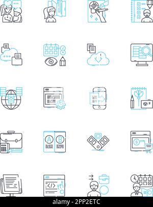 Jeu d'icônes linéaires du manuel marketing. Stratégie, marquage, analyse, ciblage, campagne, Segmentation, vecteur de ligne d'optimisation et signes de concept Illustration de Vecteur