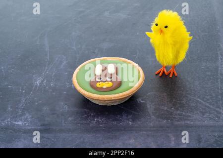 Gâteaux de Pâques avec un lapin en chocolat et une poussin Banque D'Images