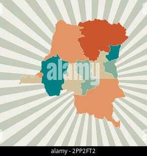 Carte RD Congo. Affiche avec carte du pays dans une palette de couleurs rétro. Forme de RD Congo avec arrière-plan rayons de soleil. Illustration vectorielle. Illustration de Vecteur