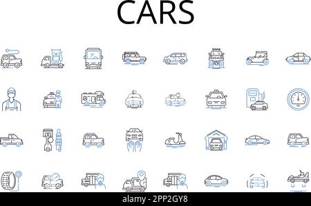 Collection d'icônes de la gamme de voitures. Bateaux, fourgonnettes, avions, camions, cycles, Bus, wagons vecteur et illustration linéaire. Jeeps, traîneaux, aéroglisseurs contours des signes Illustration de Vecteur