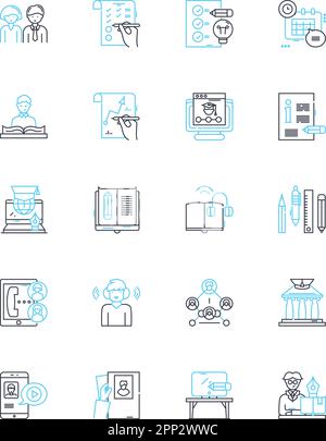 Jeu d'icônes linéaires des tutoriels virtuels. E-learning, formation à distance, cours en ligne, cours virtuels, webinaires, Vidéoconférence, ligne de cours à distance Illustration de Vecteur
