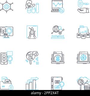 Jeu d'icônes linéaires d'études de marché. Analyse, données démographiques, données, informations, stratégie, Enquêtes, groupes de discussion vecteur de ligne et signes conceptuels. Échantillonnage Illustration de Vecteur