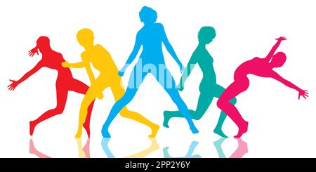 Silhouettes de femmes en danse moderne pose dans les couleurs de l'arc-en-ciel Illustration de Vecteur