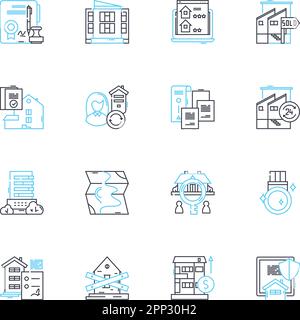 Icônes de propriété linéaires définies. Immobilier, propriété, investissement, propriété, capitaux propres, Hypothèque, vecteur de ligne de prêt d'actions et signes de concept. ROI Illustration de Vecteur