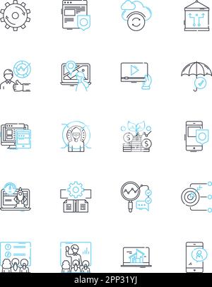 Jeu d'icônes linéaires de publicité sociale. Engagement, ciblage, impressions, conversion, CTA (appel à l'action), Retour sur investissement (ROI), ligne des mesures Illustration de Vecteur