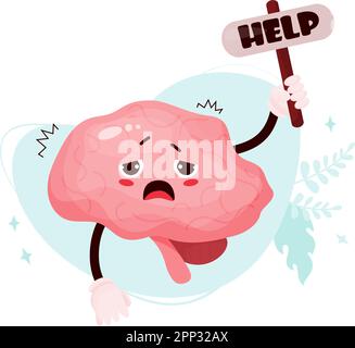 Malheureux triste cerveau de dessin animé. L'organe humain de caractère mignon est malade, souffrant et demandant de l'aide. Illustration vectorielle. Mascotte d'organe du système nerveux central Illustration de Vecteur