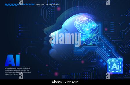 Concept de la technologie de l'ai face latérale humaine artificielle abstraite et cerveau lumineux avec circuit imprimé puce élégant fond bleu ton Illustration de Vecteur
