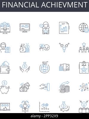 Collection d'icônes de la ligne de réalisation financière. Succès économique, victoire de notaire, réalisation fiscale, réalisation de richesse, mon triomphe, La prospérité de l'argent liquide Illustration de Vecteur