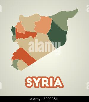 Affiche Syrie de style rétro. Carte du pays avec les régions dans la palette de couleurs d'automne. Forme de la Syrie avec le nom du pays. Illustration vectorielle élégante. Illustration de Vecteur