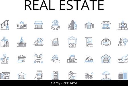 Collection d'icônes de ligne de biens immobiliers. Marché immobilier, marché du logement, secteur immobilier, secteur immobilier, industrie du bâtiment, Agence immobilière, Vente à domicile Illustration de Vecteur