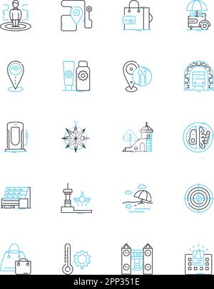 Ensemble d'icônes linéaires de l'atlas routier. Navigation, itinéraires, autoroutes, cartes, autoroutes, Panneaux de signalisation routière, vecteur de ligne et concept. Destinations,itinéraire Illustration de Vecteur