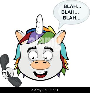 Illustration vectorielle face du dessin animé unicorn parlant au téléphone et une bulle de parole avec le texte blah Illustration de Vecteur