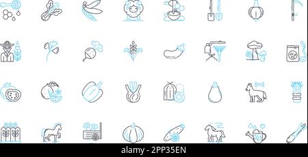 Jeu d'icônes linéaires d'ingénierie agricole. Irrigation, sol, récolte, récolte, tracteur, Produits laitiers, vecteur de ligne d'agriculture et signes conceptuels. Irrigateur Illustration de Vecteur