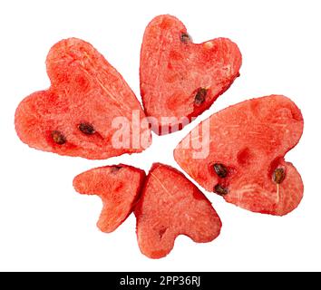 tranches de pastèque en forme de coeur isolées sur fond blanc. Banque D'Images
