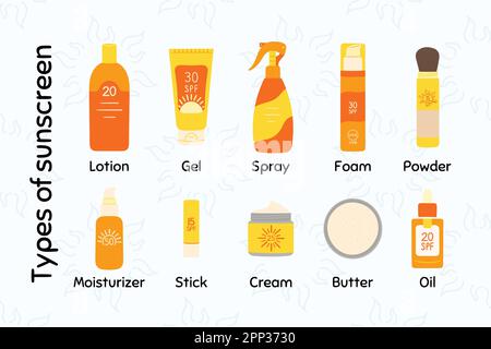Infographie sur le type de crème solaire. Comment choisir et appliquer la crème solaire. Lotion, crème, protection SPF en spray et concept de sécurité solaire. Main dr Illustration de Vecteur