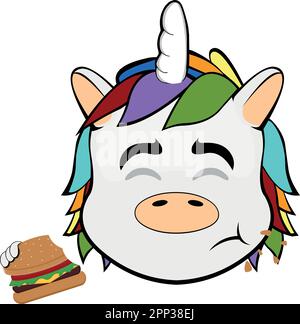 Illustration vectorielle face d'un dessin animé unicorn manger un hamburger Illustration de Vecteur