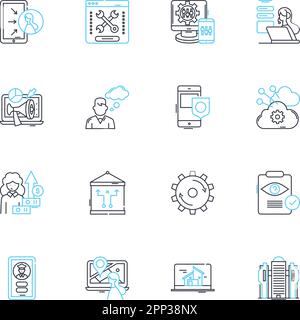 Jeu d'icônes linéaires de publicité sociale. Engagement, ciblage, impressions, conversion, CTA (appel à l'action), Retour sur investissement (ROI), ligne des mesures Illustration de Vecteur
