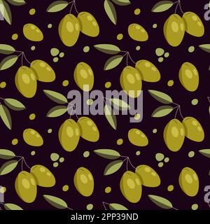 Motif vectoriel sans couture avec olives vertes à l'obscurité. Conception de fond pour l'huile d'olive, cosmétiques naturels. Idéal pour l'emballage du papier. Illustration de Vecteur
