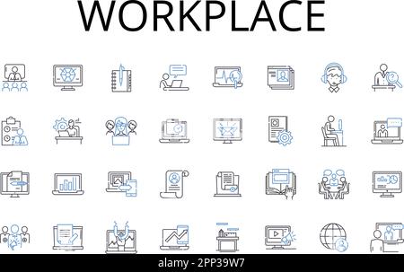 Collection d'icônes de ligne de poste de travail. Espace de bureau, chantier, zone d'occupation, centre d'affaires, lieu de travail, Emploi Z, vecteur de carrière et linéaire Illustration de Vecteur