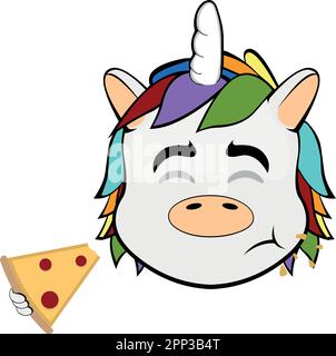 Illustration vectorielle personnage de dessin animé face d'une licorne mangeant une tranche de pizza Illustration de Vecteur