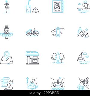 Ensemble d'icônes linéaires de vacances. Détente, aventure, plage, montagnes, évasion, Explorer, RoadTrip Line Vector et concept Signs. Culture, bien-être, famille Illustration de Vecteur