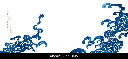 Arrière-plan japonais avec vecteur d'élément de peinture bleu aquarelle. Motif de vagues naturel oriental avec motif de bannière de décoration océan et mer en vin Banque D'Images