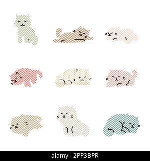 Ensemble de chats cartoon colorés. Illustration vectorielle de style plat simple et moderne à motif géométrique de style japonais. Ensemble de croquettes pour chat mignon clip art, amusant vecto Banque D'Images