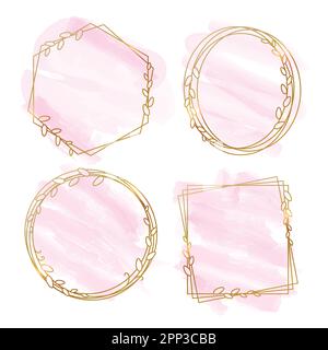 Cadre doré vectoriel avec feuilles et taches d'aquarelle rose Illustration de Vecteur