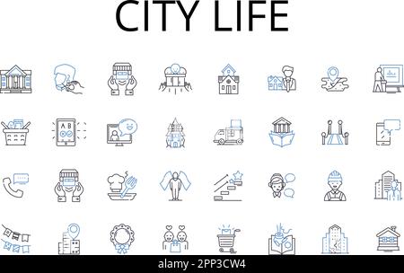 Collection d'icônes City Life Line. Vie rurale, grande ville, vie urbaine, vie de village, vie de Metropolis, Suburban Lifestyle, Hustle Hustle Hustle Vector et Illustration de Vecteur