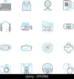 Jeu d'icônes linéaires de la technologie de diffusion. Émetteur, récepteur, antenne, fréquence, spectre, Panneaux de diffusion, de vecteur de ligne de transmission et de concept Illustration de Vecteur