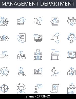 Collection d'icônes de ligne du service de gestion. Équipe Marketing, unité Finance, Division ventes, Ressources humaines, Bureau de projet, Secteur du développement Illustration de Vecteur