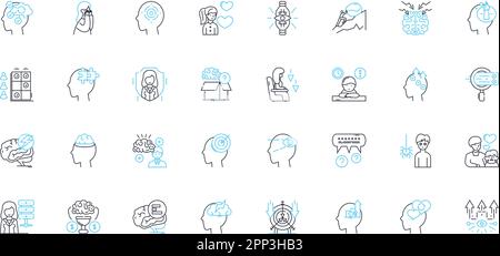 Ensemble d'icônes linéaires de thérapie comportementale. Approche, changement, cognition, engagement, contrôle, Adaptation, vecteur de ligne d'exposition et signes conceptuels. Feedback,Focus Illustration de Vecteur