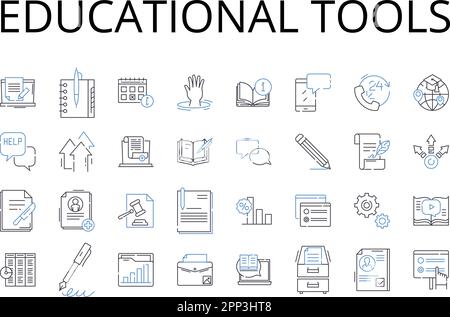 Collection d'icônes de ligne d'outils éducatifs. Aides pédagogiques, ressources académiques, supports de formation, matériel pédagogique, instruments de connaissances, Props. De l'étude Illustration de Vecteur