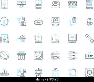 Jeu d'icônes linéaires de machines électriques. Batterie, bobinages, générateurs, transformateurs, moteurs, Panneau de commutation, vecteur de ligne de régulateur et panneaux de concept Illustration de Vecteur