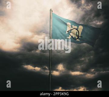 A digital illustration of a flag of the Seljuk Empire waving against a bright yellow sky Stock Photo